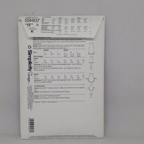 Simplicity Sewing Pattern #S9407-Size S-L-18" Doll-Mommy & Me Apron-Cut-Complete - Picture 2 of 6